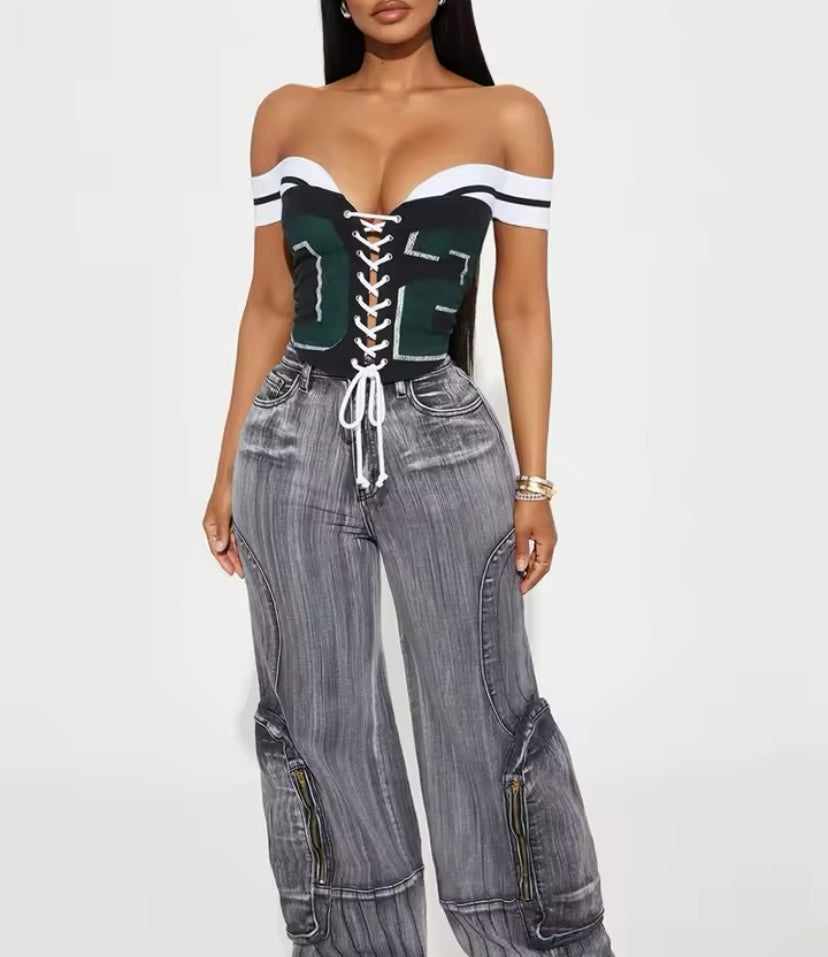 Women's Sexy Off-Shoulder Lace-Up Corset Top – Sporty Football-Inspired Bustier