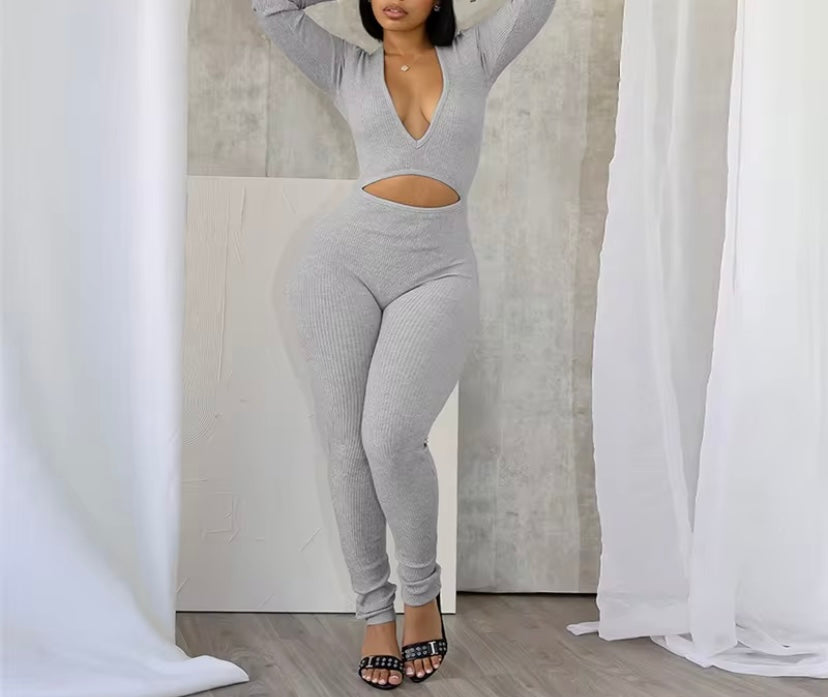 Women’s Long Sleeve Jumpsuit - Sexy Ribbed Knit Cutout Jumpsuit – Long Sleeve Bodycon One Piece Outfit