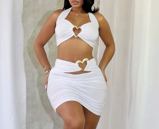 Women's Sexy 2-Piece Heart Cutout Skirt Set Black Crop Top and Mini Skirt Outfit White Crop Top and Mini Skirt Outfit