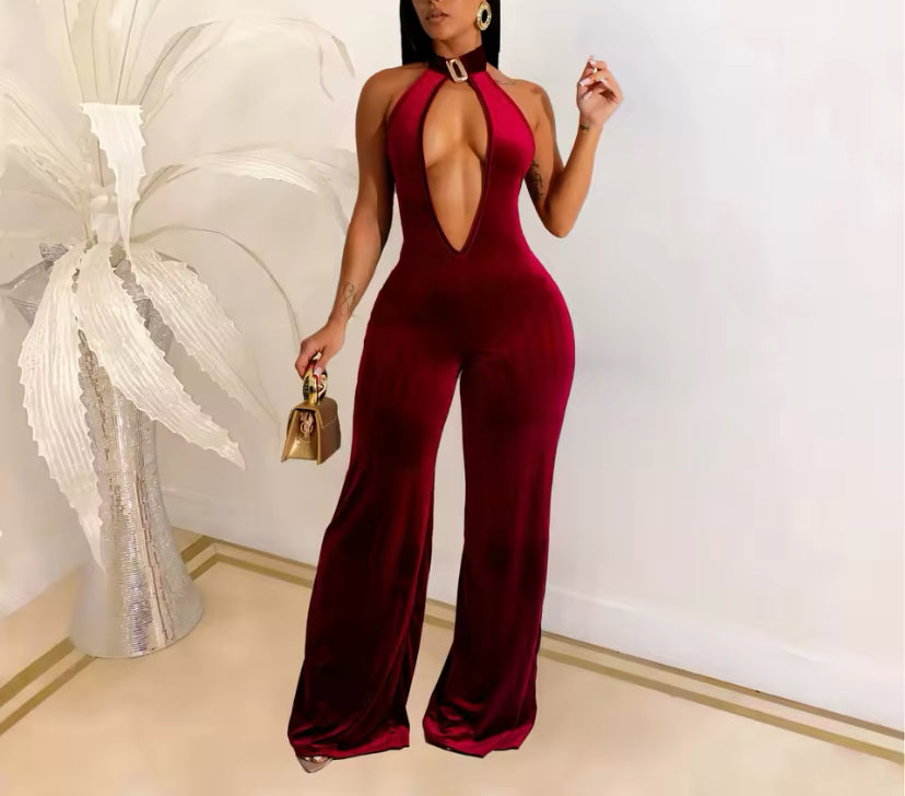 Women’s Sexy Velour Jumpsuit Burgundy Velvet Halter Jumpsuit Plunging Cutout Wide-Leg Jumpsuit