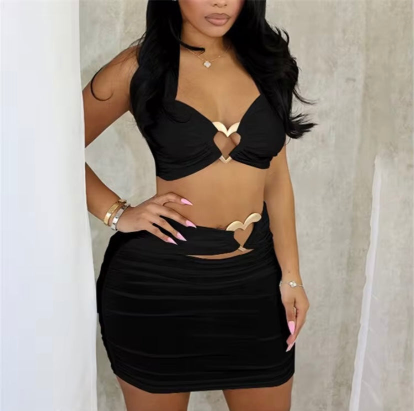 Women's Sexy 2-Piece Heart Cutout Skirt Set Black Crop Top and Mini Skirt Outfit White Crop Top and Mini Skirt Outfit