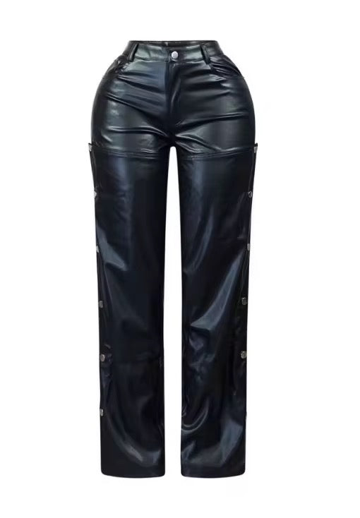 Women's Black High-Waisted Faux Leather Pants with Snap Button Detail – Trendy Wide-Leg Streetwear