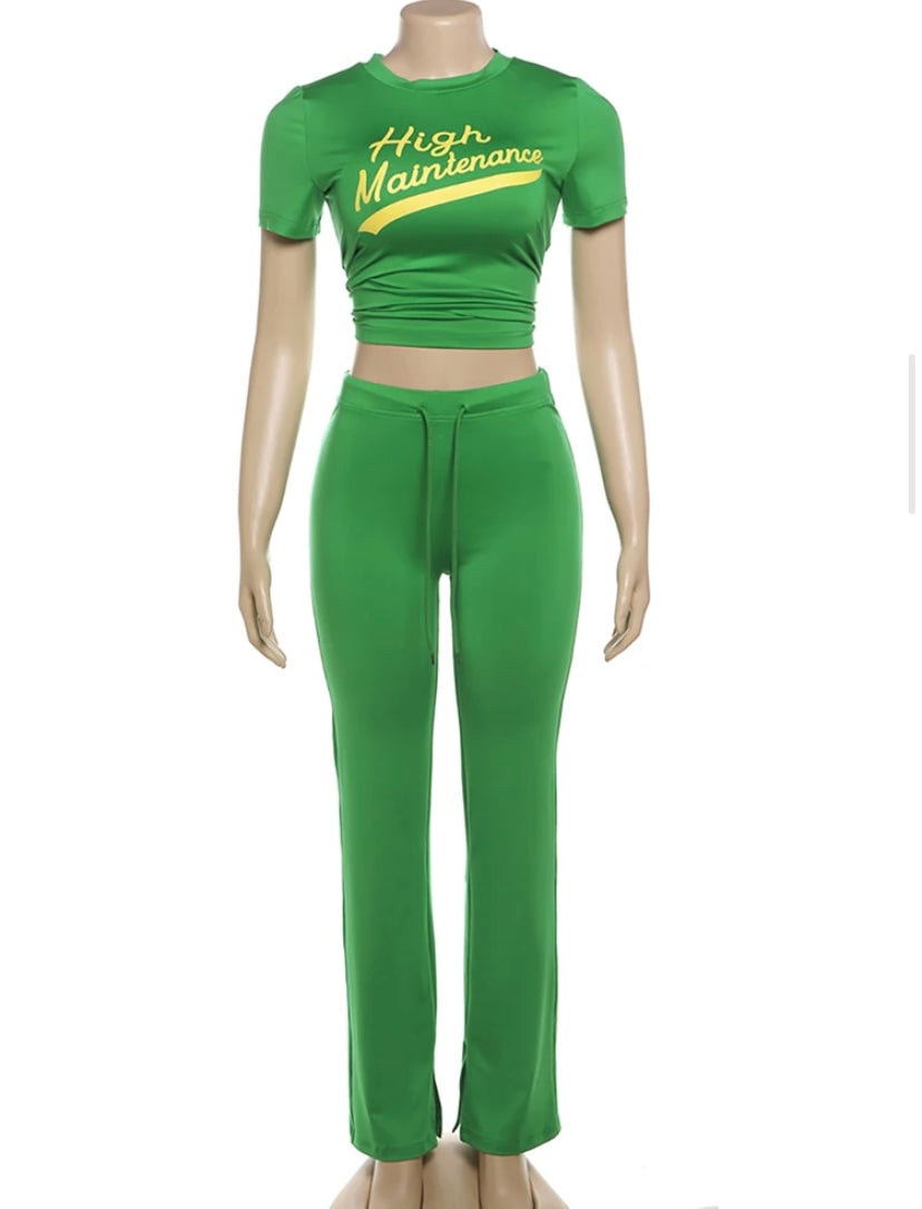 Women’s Green 2-Piece High Maintenance Pants Set With Elastic Waist Drawstring Closure and Short Sleeve Shirt