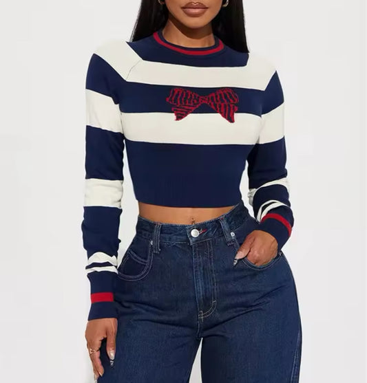 Women’s Blue and White Long Sleeve Striped Sweater with Red Bow Cropped Sweater Navy Blue and White