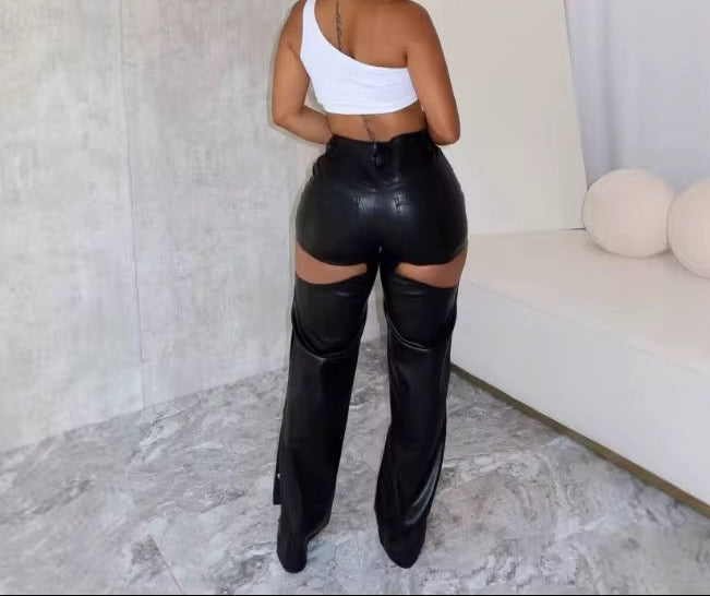 Women's Black High-Waisted Faux Leather Pants with Snap Button Detail – Trendy Wide-Leg Streetwear