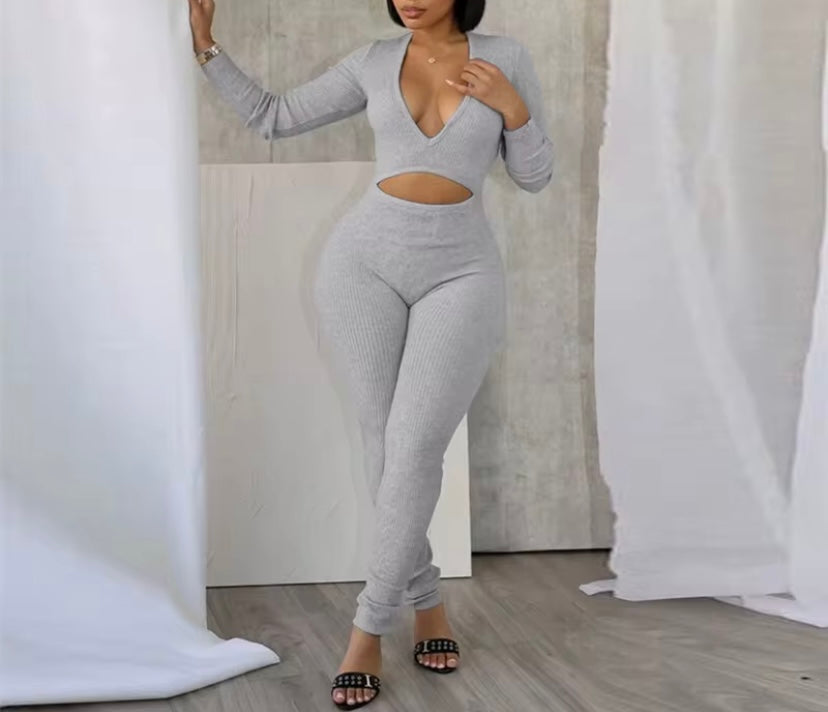 Women’s Long Sleeve Jumpsuit - Sexy Ribbed Knit Cutout Jumpsuit – Long Sleeve Bodycon One Piece Outfit