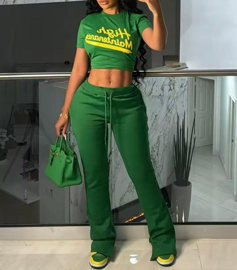 Women’s Green 2-Piece High Maintenance Pants Set With Elastic Waist Drawstring Closure and Short Sleeve Shirt