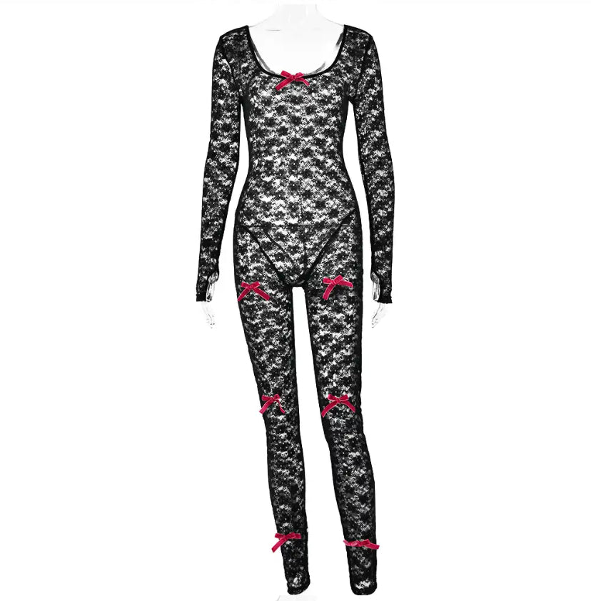 Laced See Through Jumpsuit With Pink Bows