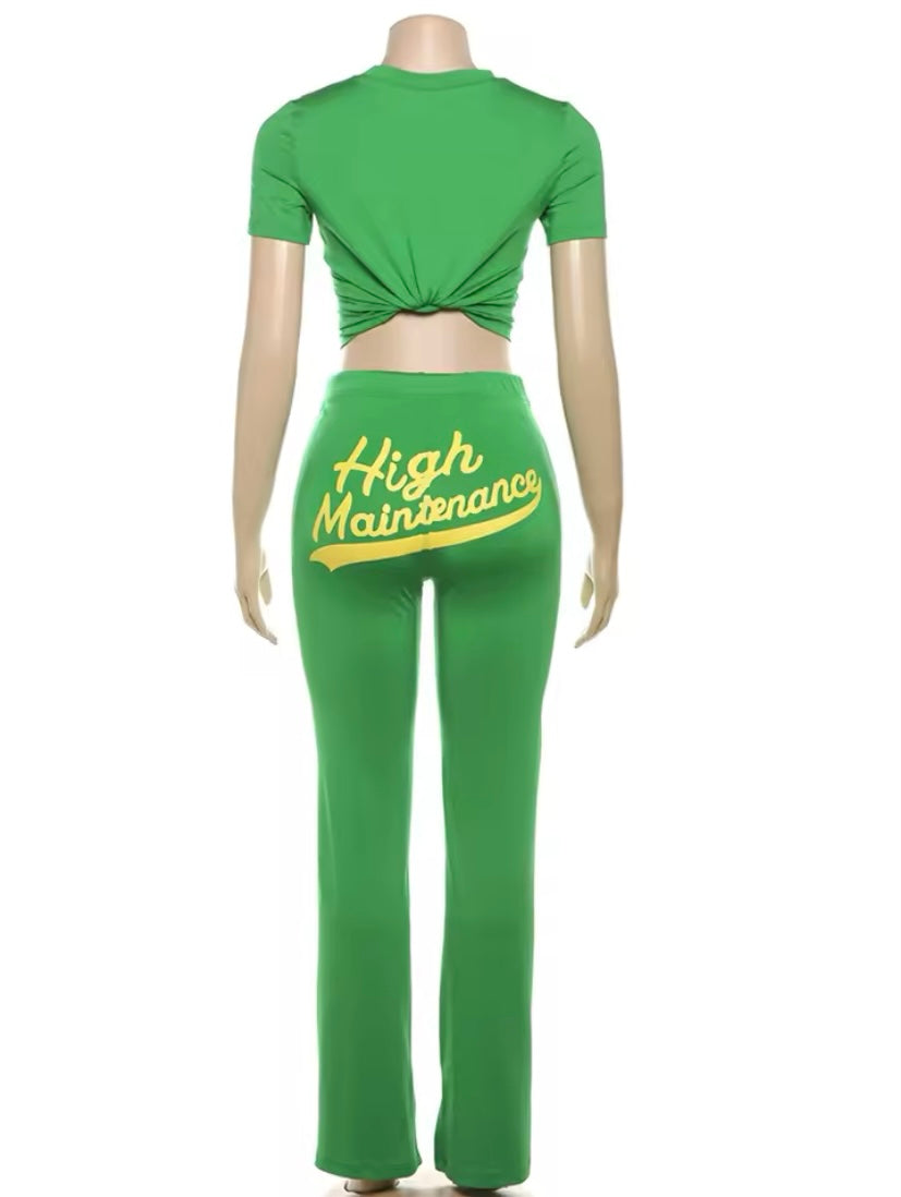 Women’s Green 2-Piece High Maintenance Pants Set With Elastic Waist Drawstring Closure and Short Sleeve Shirt