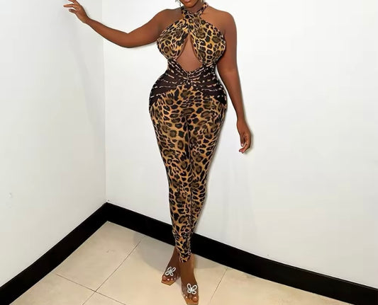 Women’s Sleeveless Criss Cross Neck Hollow Out Mesh Leopard Print Jumpsuit