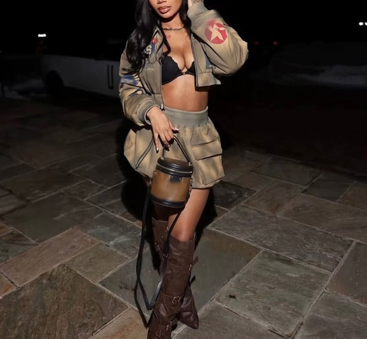 Women’s 2-Piece Jacket and Bubble Skirt Set Trendy Military-Inspired 2-Piece Jacket and Skirt Set – Edgy Streetwear Outfit