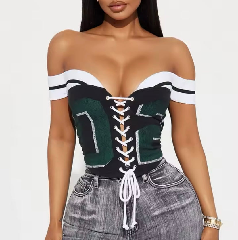 Women's Sexy Off-Shoulder Lace-Up Corset Top – Sporty Football-Inspired Bustier