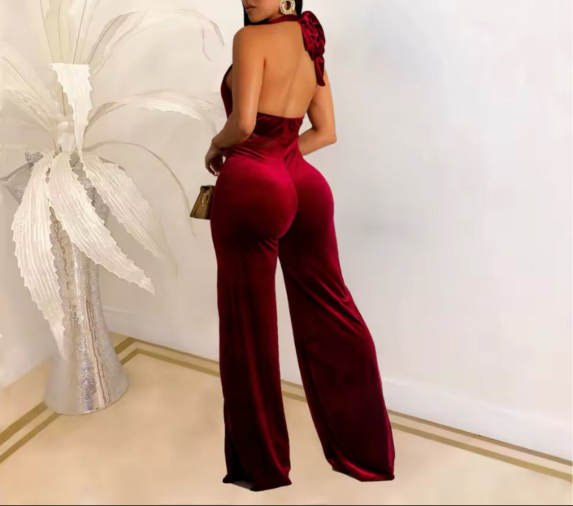 Women’s Sexy Velour Jumpsuit Burgundy Velvet Halter Jumpsuit Plunging Cutout Wide-Leg Jumpsuit