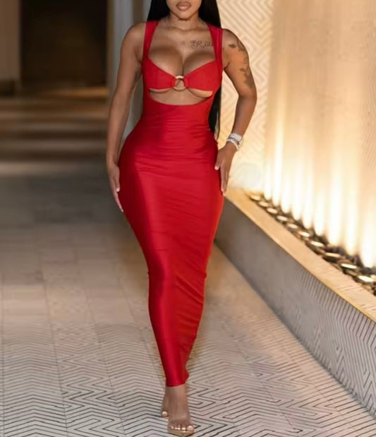 Women’s Red Sexy Dress With Ring Clasp Backless Sleeveless Bodycon