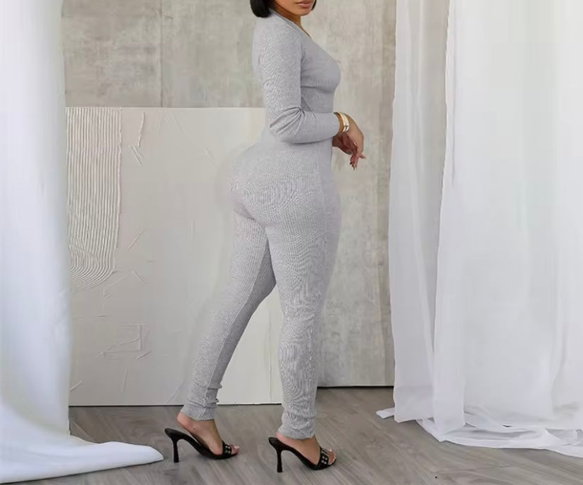 Women’s Long Sleeve Jumpsuit - Sexy Ribbed Knit Cutout Jumpsuit – Long Sleeve Bodycon One Piece Outfit