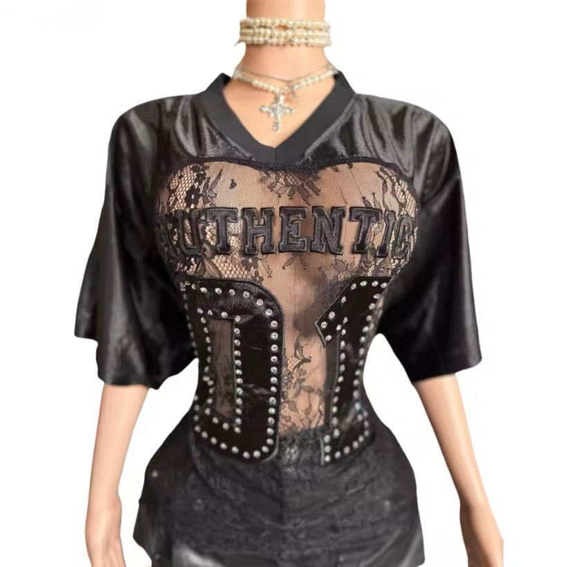 Sexy Oversized Black Sheer Lace Jersey Top – Rhinestone Embellished V-Neck Tunic for Women