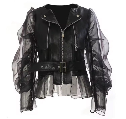 Women's Edgy Sheer Sleeve Moto Jacket – Faux Leather Biker Jacket with Ruffle Details Black Jacket for Women