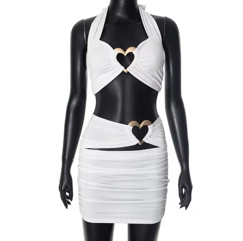 Women's Sexy 2-Piece Heart Cutout Skirt Set Black Crop Top and Mini Skirt Outfit White Crop Top and Mini Skirt Outfit