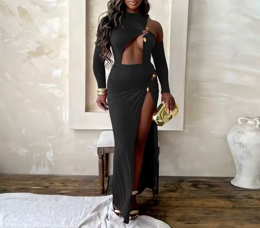 Women’s Sexy 2-Piece Skirt Set Black Single Shoulder Turtleneck Half Long Sleeve Hollow Out Bodysuit with High Split Long Skirt